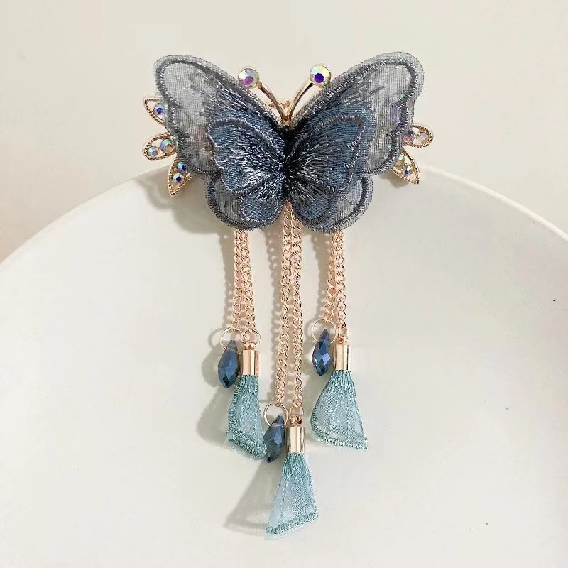 合成锆石发饰 春季新款时尚发夹复古绢纱蝴蝶步摇吊坠大抓夹