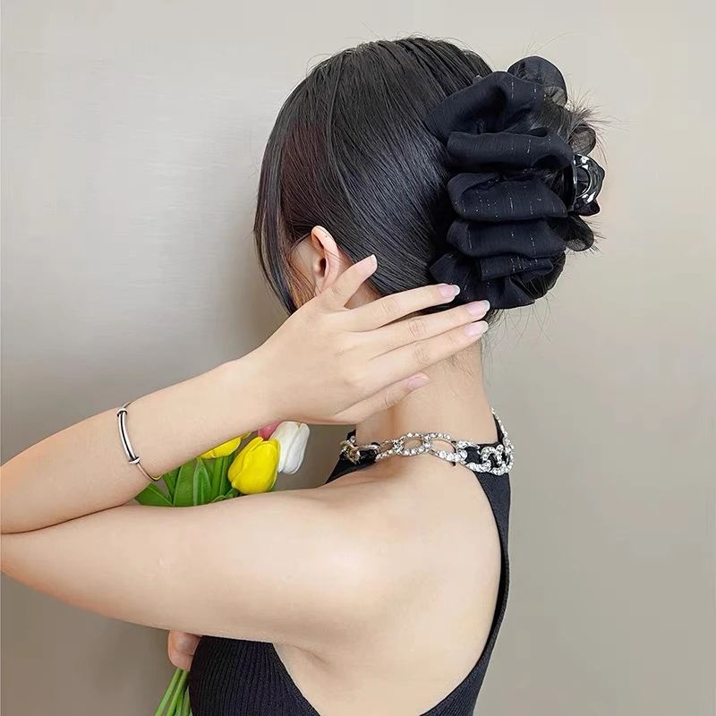 非金属发饰 黑色小号珠光银丝蝴蝶结泡泡发夹女后脑勺优雅鲨鱼夹