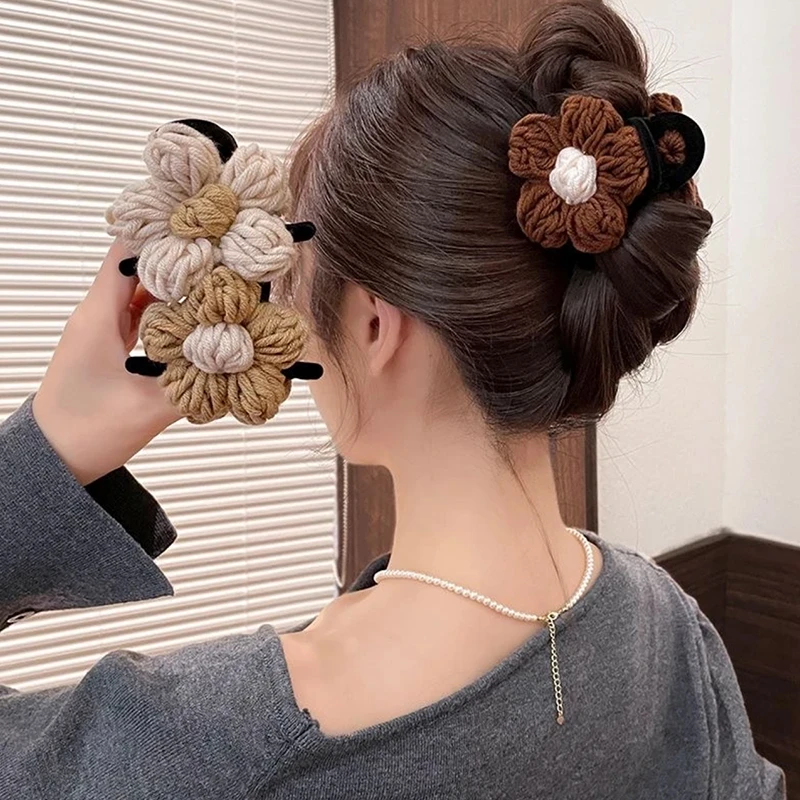 秋冬温柔毛线花朵丝绒抓夹中号鲨鱼夹马尾丸子头抓夹后脑勺全盘夹