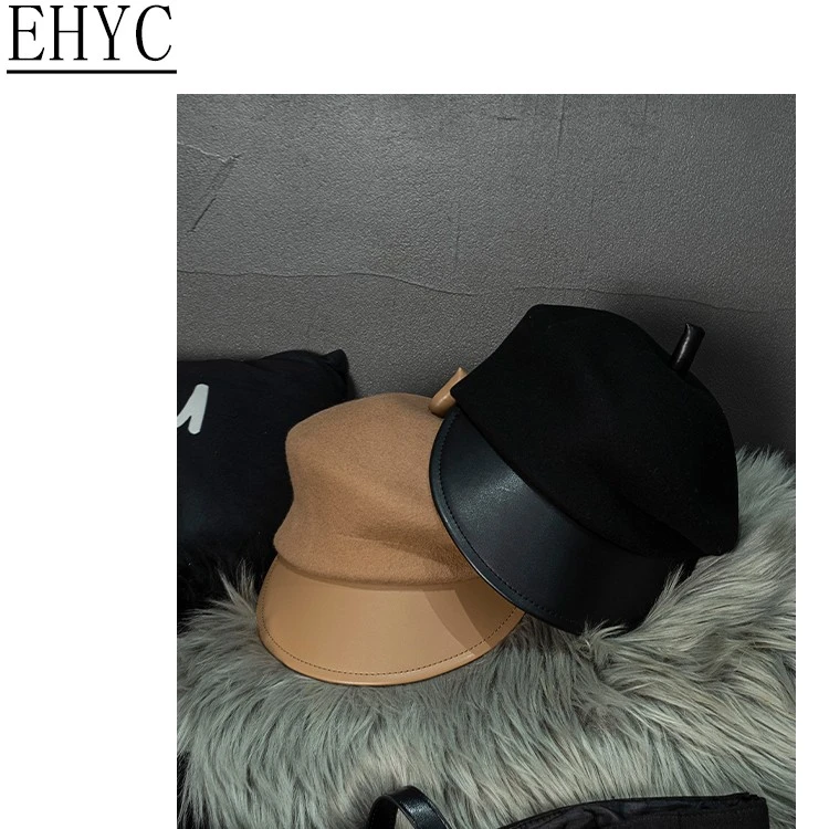 【表妹】个性贝雷帽子女秋英伦复古羊毛呢皮檐韩版百搭报童帽W1119