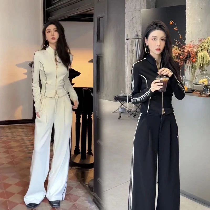 2024春秋新款韩版休闲运动服套装女立领修身显瘦上衣阔腿裤两件套