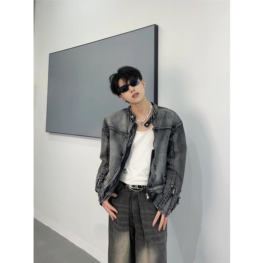 水洗黑机车风夹克男无领多拉链设计宽松街头痞帅短款牛仔外套上衣