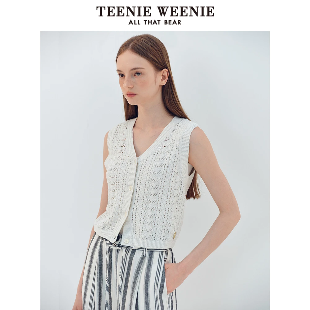 TeenieWeenie小熊女装24无袖V领针织马甲镂空肌理毛衫TTKN246618N