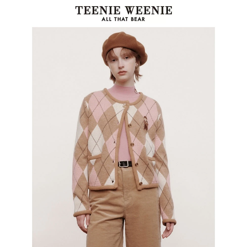 TeenieWeenie小熊马海毛菱形格纹圆领开衫毛针织衫女TTCK248V37R