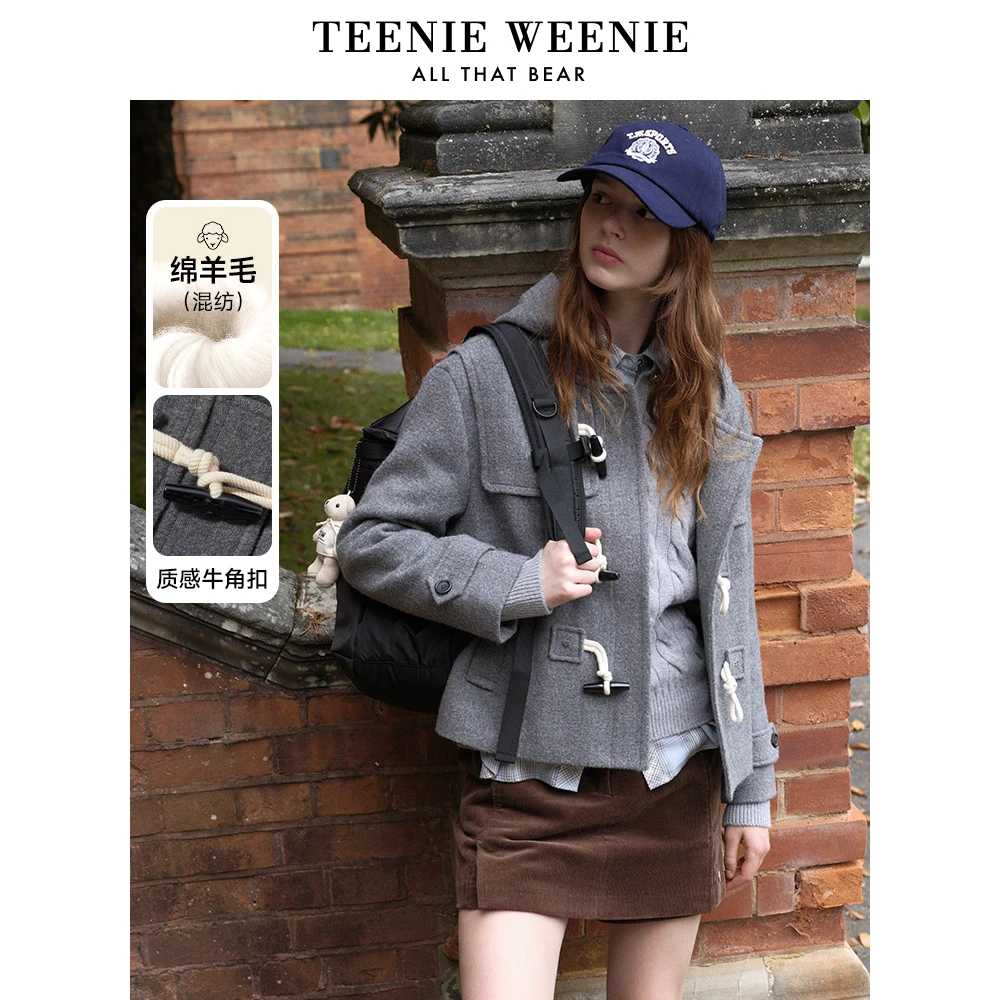 TeenieWeenie小熊24年短款毛呢大衣绵羊毛混纺外套女TTJW244T03P