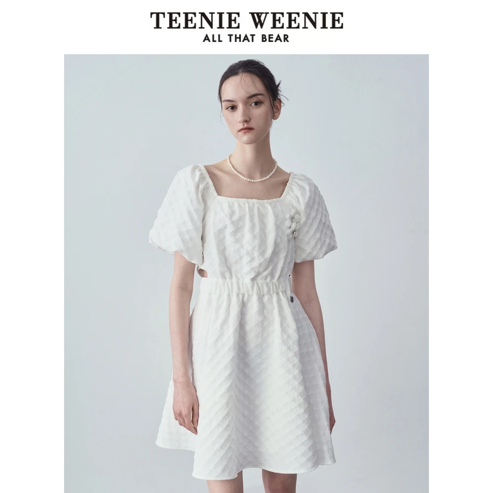 TeenieWeenie小熊24法式方领连衣裙肌理感泡泡袖裙子TTOW242407T