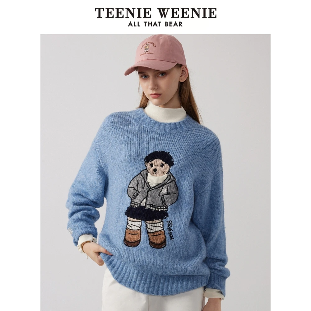 TeenieWeenie小熊24年秋季新款花纱套头针织衫蓝色女TTKW244T02P