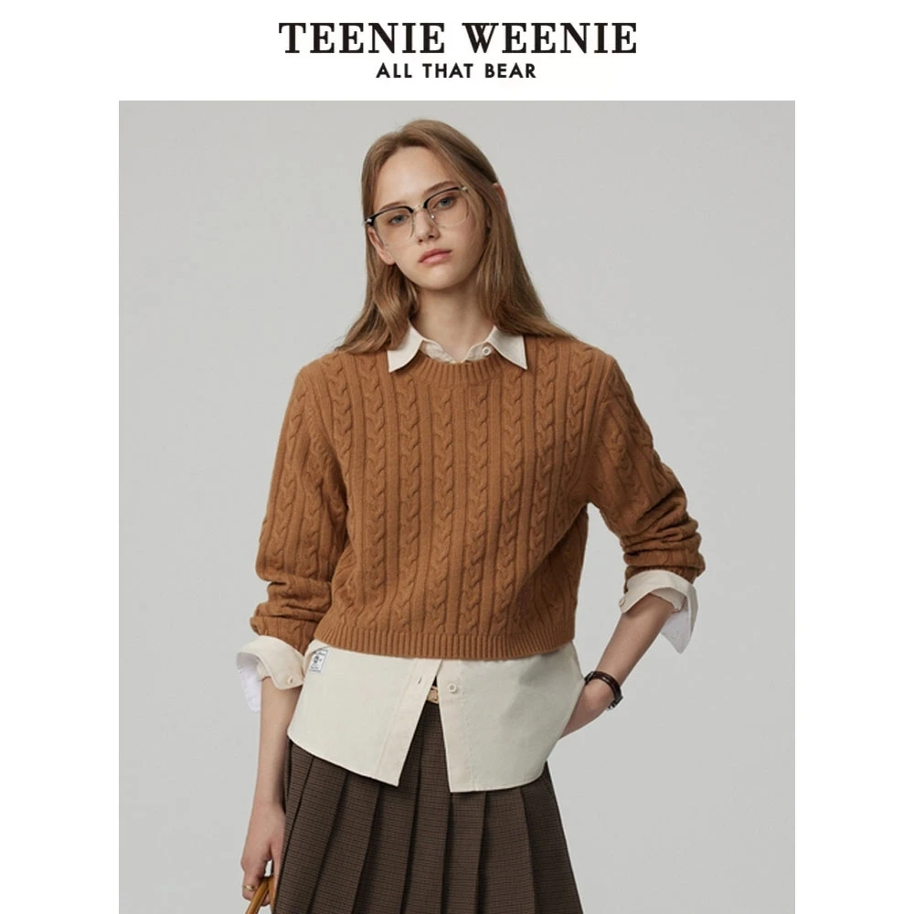 TeenieWeenie小熊短款绞花毛衣轻奢质感针织TTKW244904W