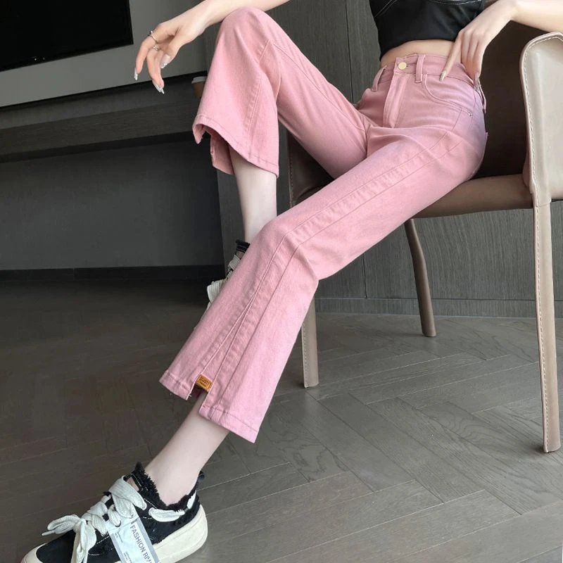 粉色百搭微喇牛仔裤女八分小个子春秋款弹力高腰显瘦九分辣妹裤子