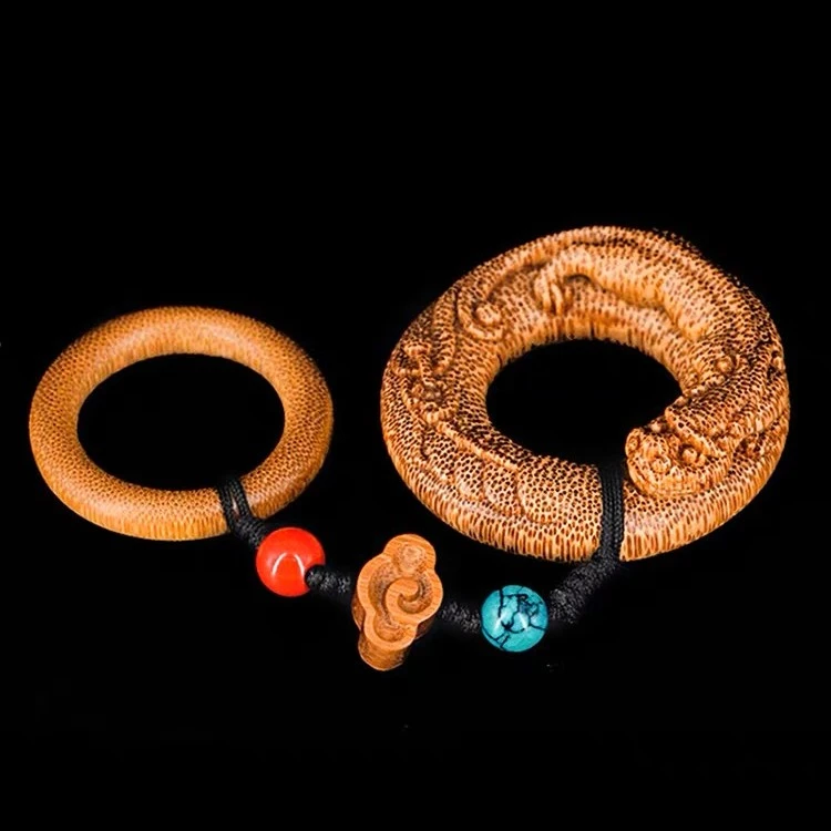 竹雕玉竹实心竹面包圈雕貔貅螭龙平安环提​环圈龙血金丝竹手把件