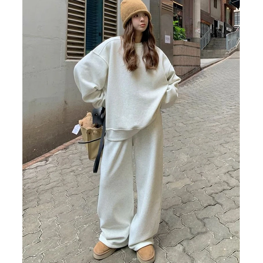 早春白灰色休闲卫衣套装女2025新款韩系oversize阔腿卫裤两件套