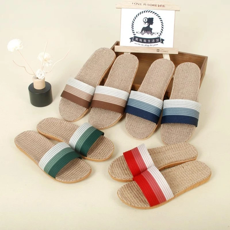 夏季男女亚麻拖鞋居家室内外静音防滑情侣地板防臭一字凉拖鞋草编