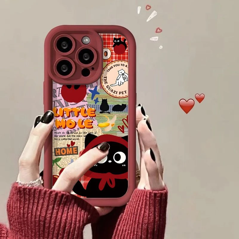 方格黑猫iphone15手机壳苹果14promax软壳13新款12卡通11全包防摔