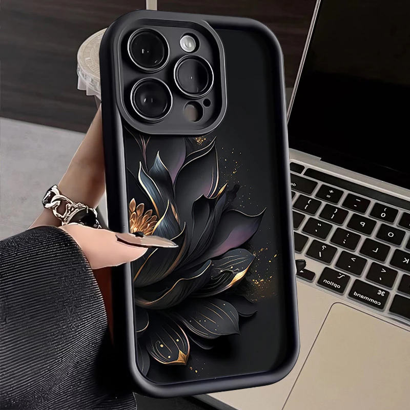 黑金莲花iphone15苹果手机壳14promax硅胶13pro简约12高级11全包X