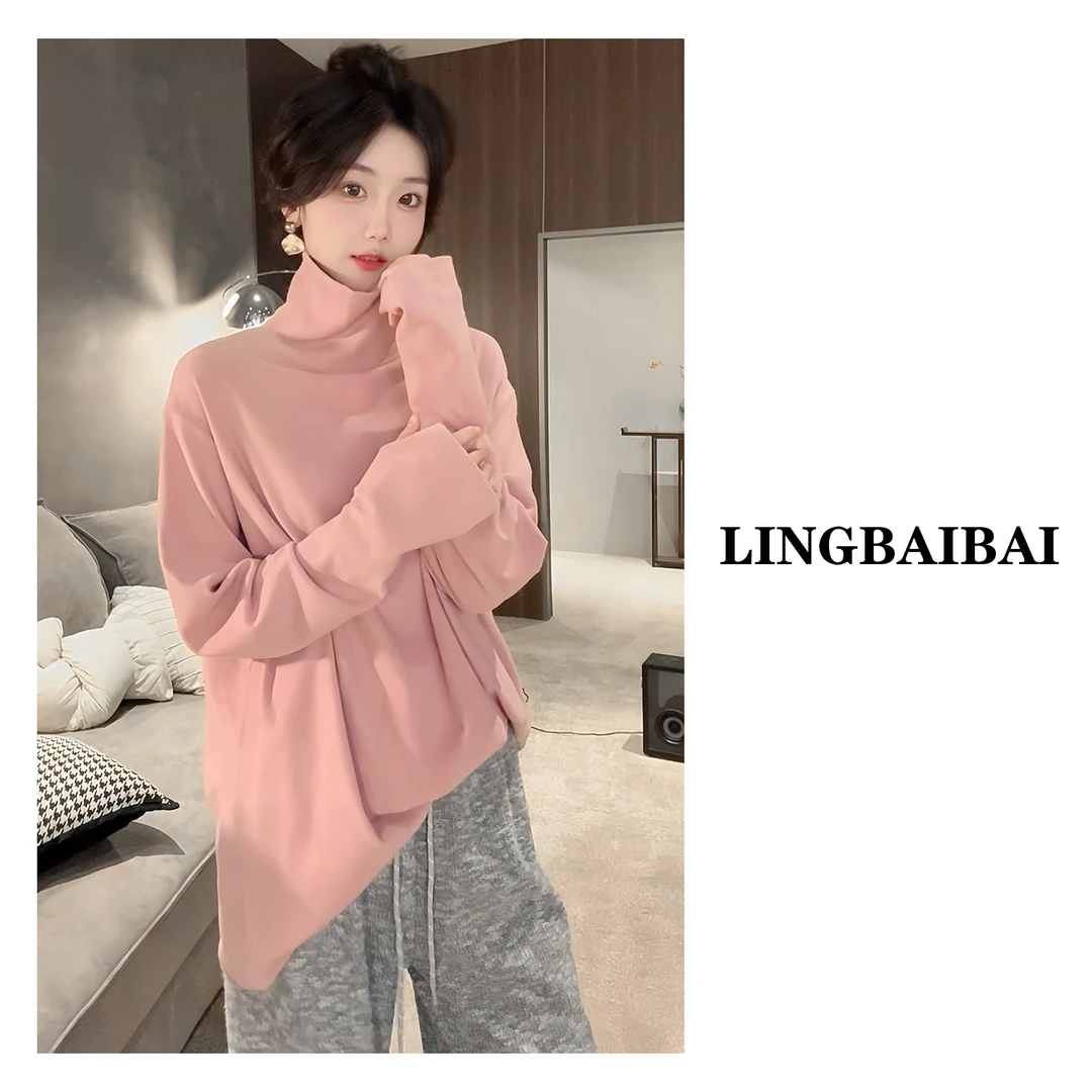 【堆堆领】慵懒风磨毛绒感纯色oversize高领宽松冬季长袖打底T恤女