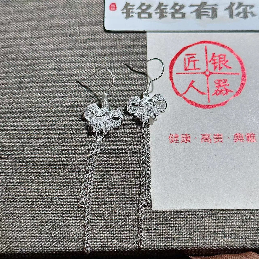 铭铭有你 足银耳饰 风车蝴蝶结流苏耳钩