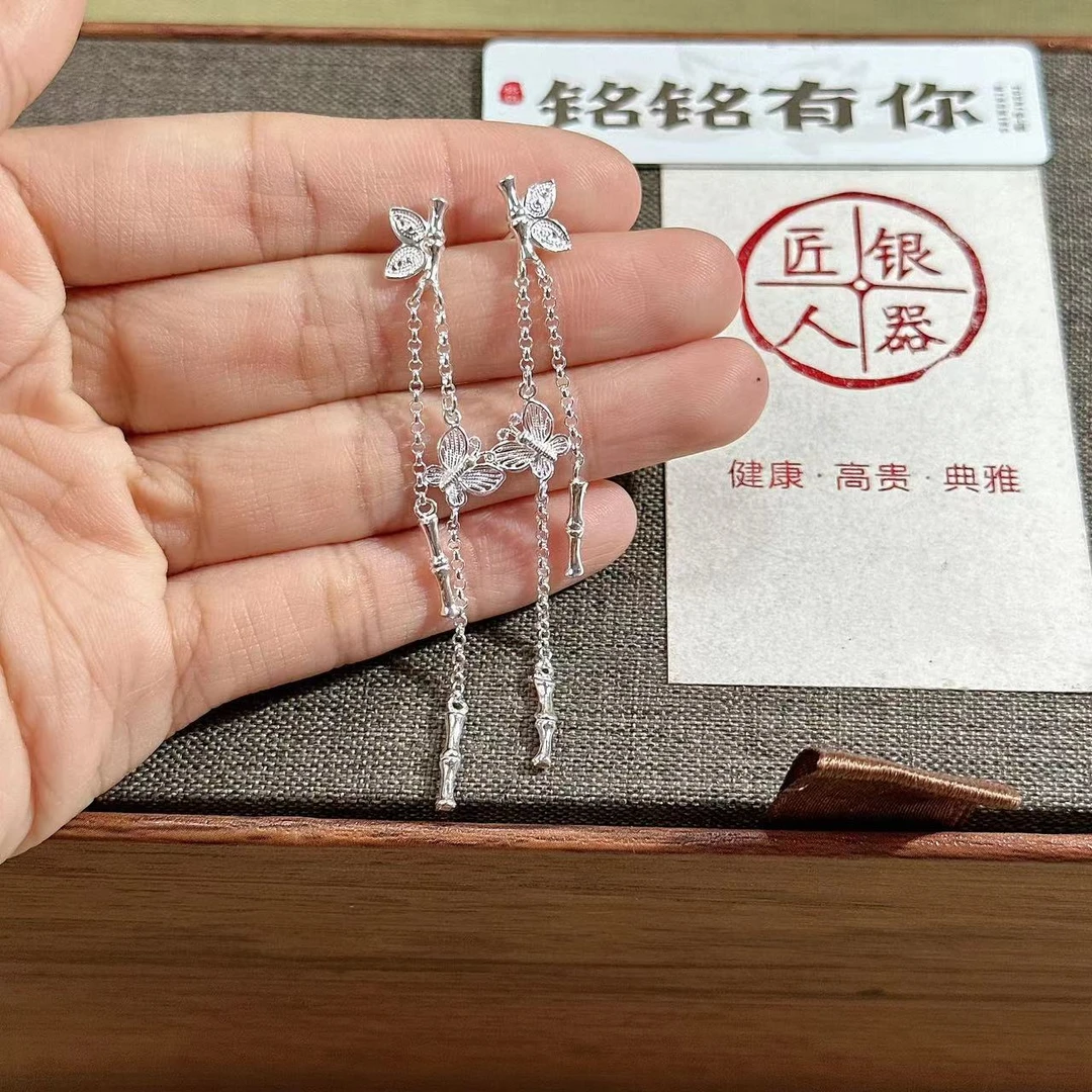 铭铭有你 足银耳饰 竹节款 蝴蝶流苏耳钉