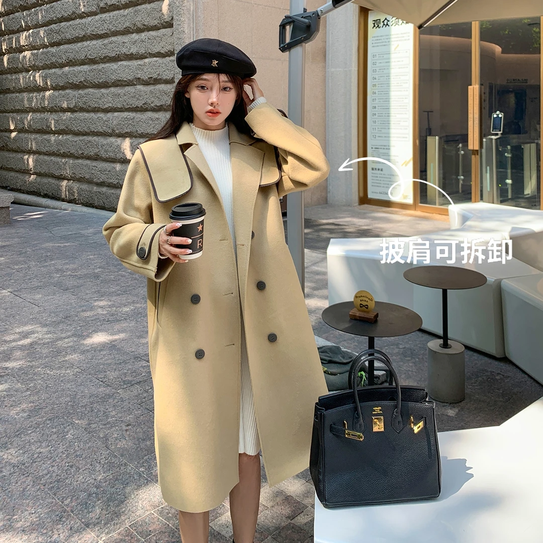 孕妇装秋冬新款时尚宽松高级海军风带披肩双面呢中长款大衣风衣