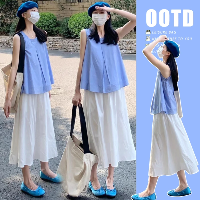 扶郎太太 孕妇装夏季休闲清爽森系经典小格纹蓝色衬衫+半身裙