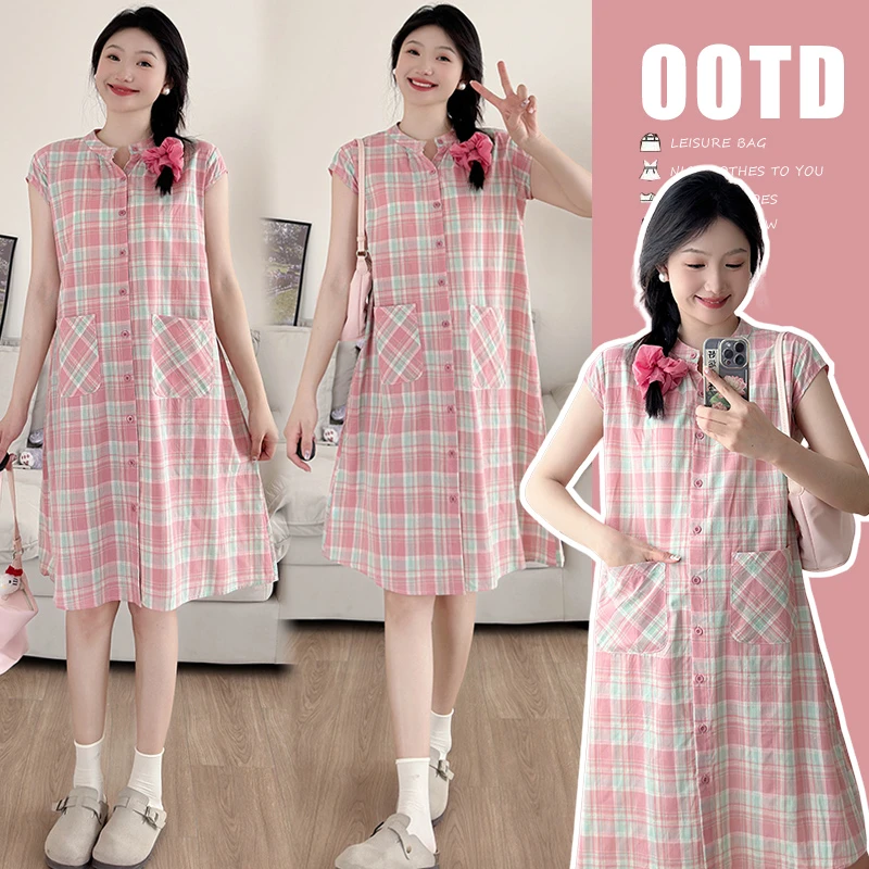 孕妇装2024夏季新款新中式立领甜美粉色格子衬衫少女感甜美连衣裙