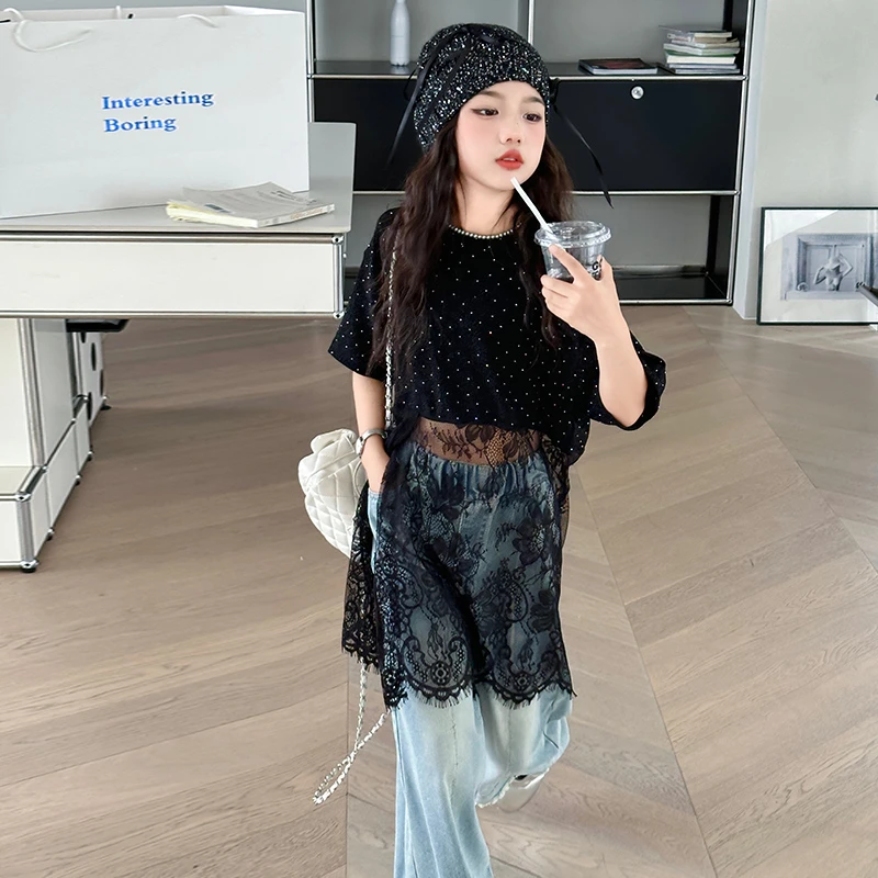 女童夏季气质套装2024新款时尚洋气镂空儿童百搭设计感两件套