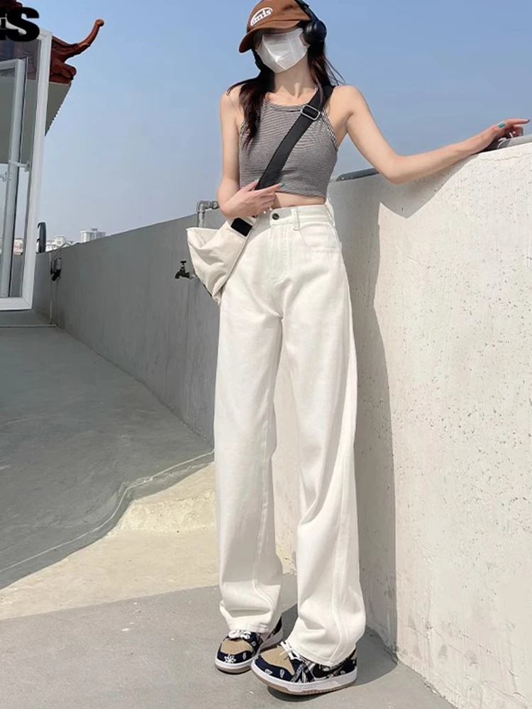 大码白色牛仔裤女2024新款高腰宽松显瘦垂感设计感阔腿拖地裤子潮