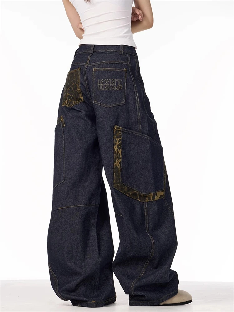 大码美式复古小众做旧阔腿牛仔裤秋季宽松豹纹拼接休闲弯刀直筒裤
