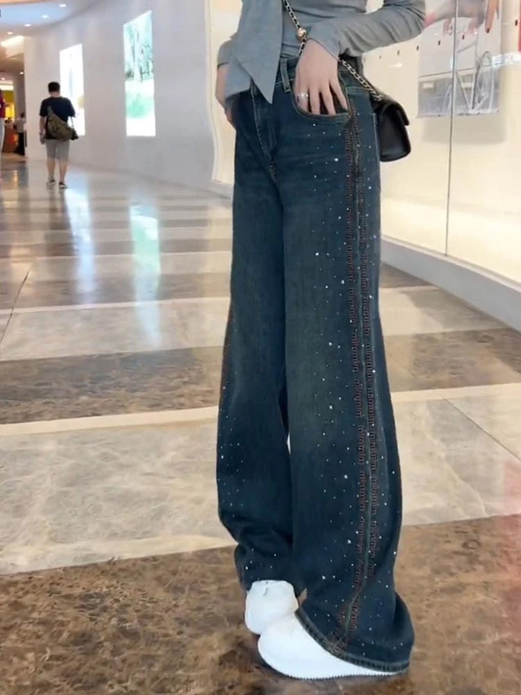 大码美式复古重工烫钻牛仔裤女秋冬新款高腰宽松显瘦阔腿拖地裤子