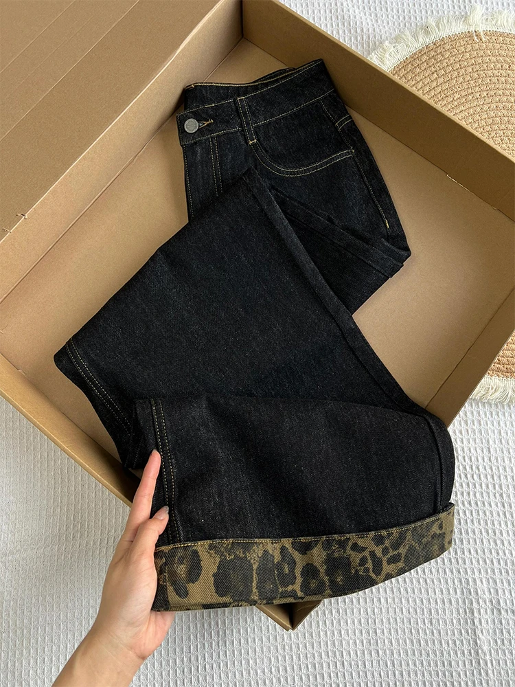 微胖mm复古黑色豹纹卷边阔腿牛仔裤女款春季高腰宽松撞色直筒裤子