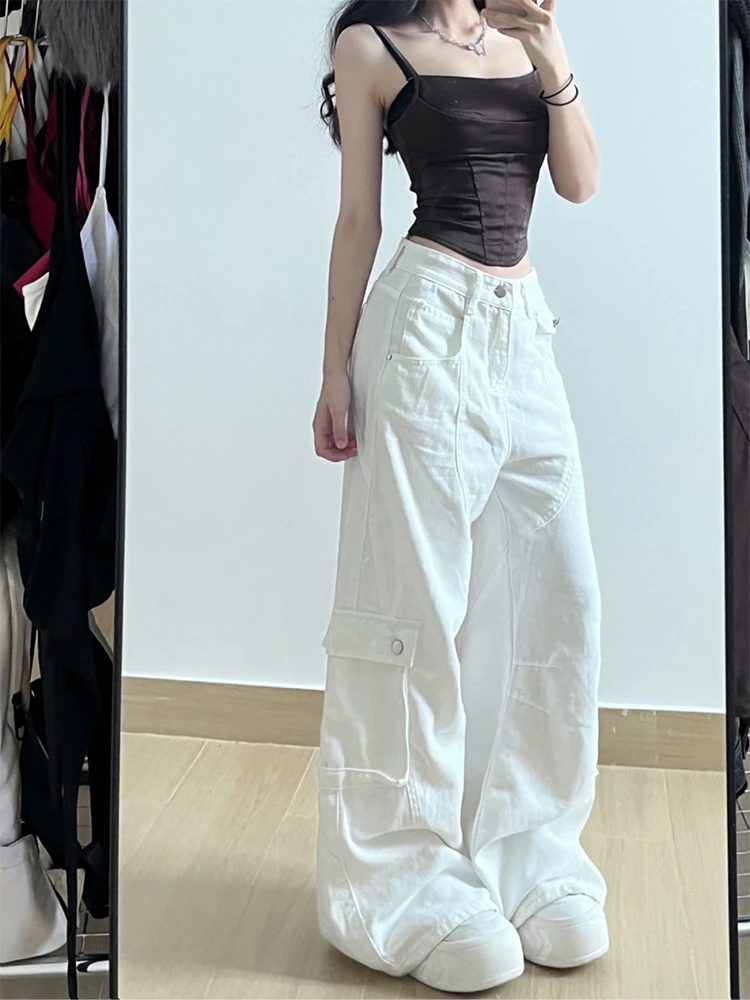 大码设计感小众白色牛仔工装裤女慵懒风秋季薄款美式宽松阔腿长裤