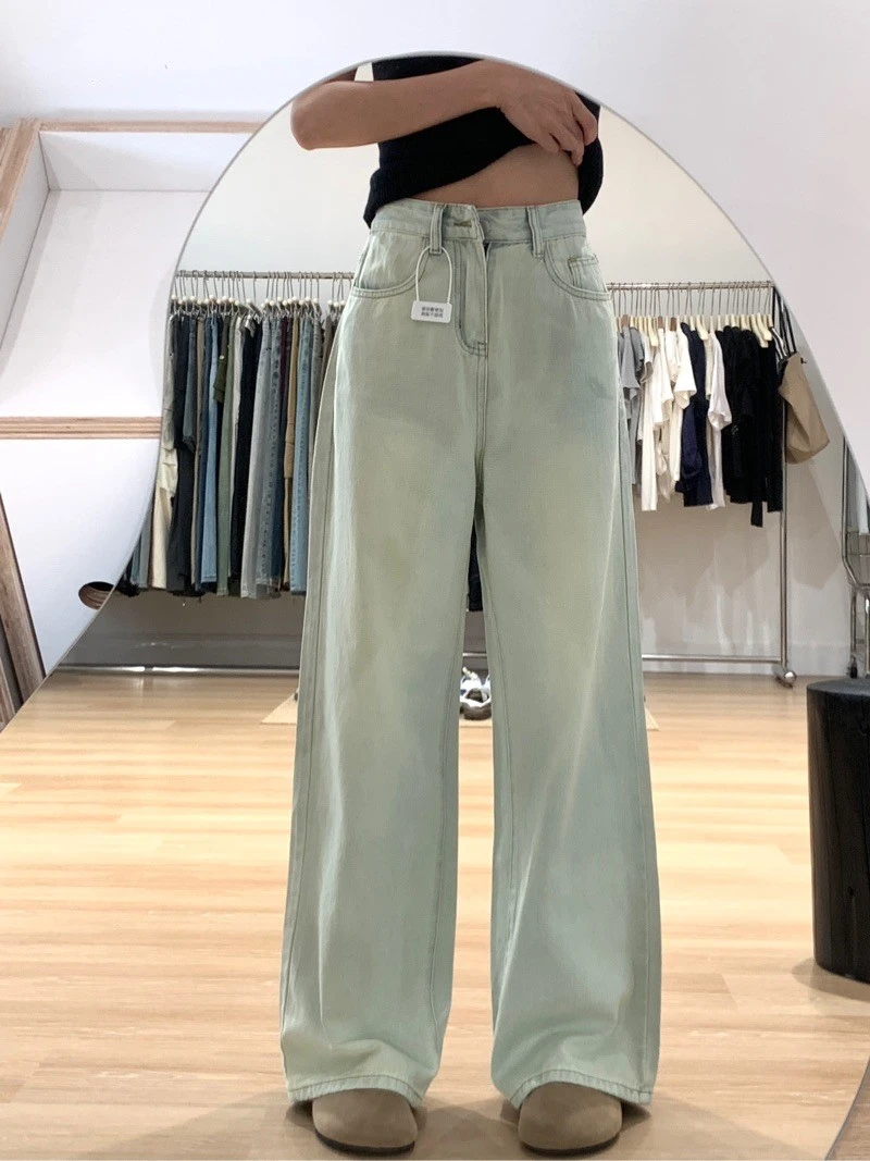 大码浅色做旧阔腿牛仔裤女春季款高腰宽松显瘦百搭垂感直筒拖地裤