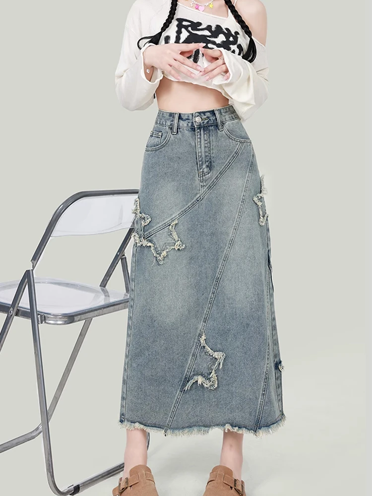 大码高腰a字牛仔半身裙女2024新款早秋新款设计感小个子中长裙子