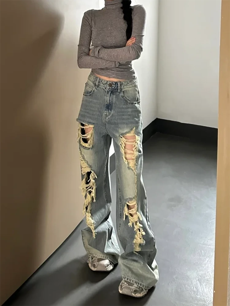 大码美式复古水洗破洞牛仔裤女夏季新款高腰宽松显瘦直筒阔腿裤子