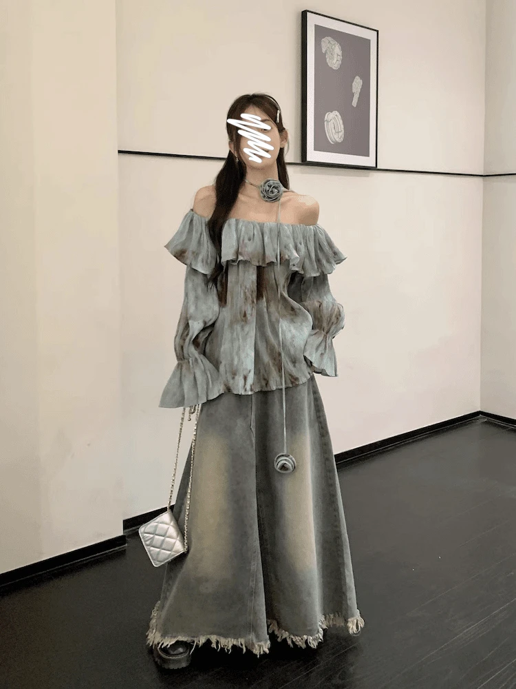 大码复古小众毛边牛仔裙半身裙女2024夏季款高腰显瘦A字裙长裙子