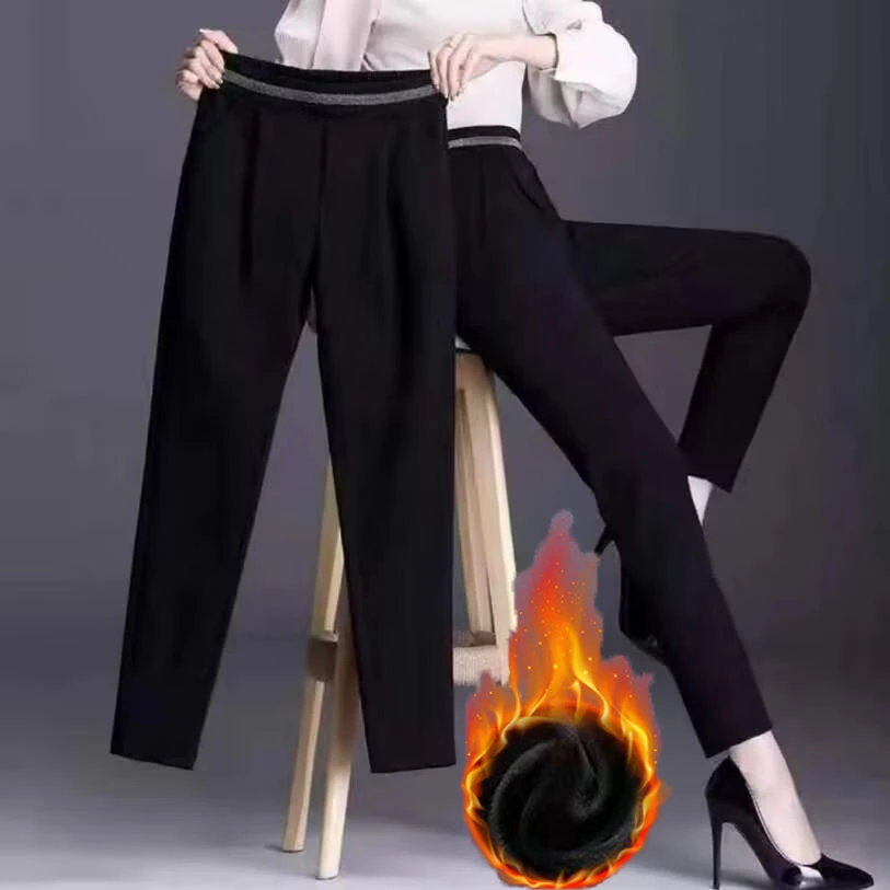 冬款上新 加绒加厚哈伦裤2024新款高腰黑显瘦弹力休闲垂感休闲裤