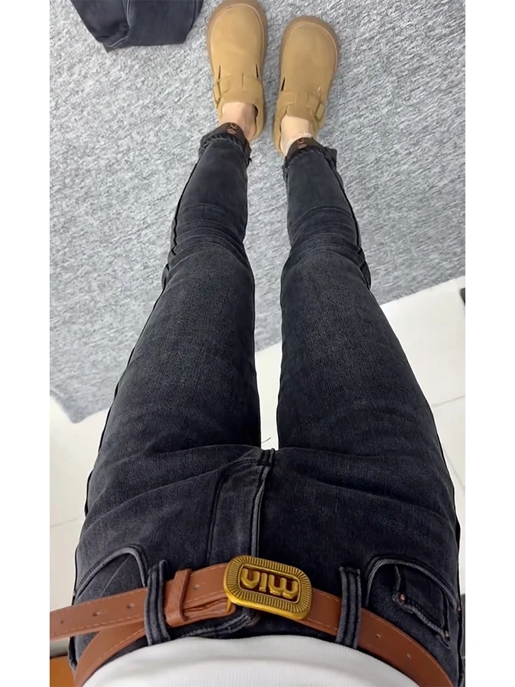 大码女装加厚弹力复古直筒小脚牛仔裤冬季加绒修身百搭九分铅笔裤