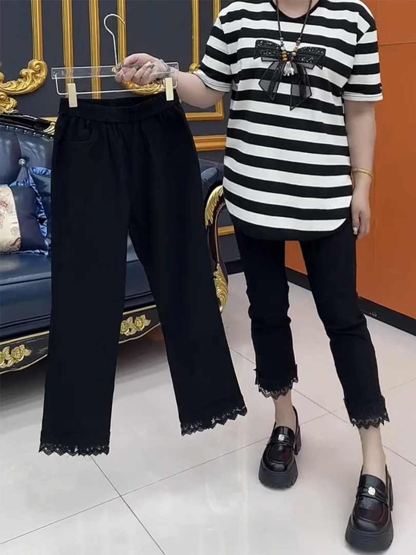 春季新款高腰弹力直筒休闲裤大码时尚修身显瘦蕾丝拼接九分烟管裤