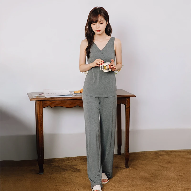 月子服夏季薄款产后哺乳睡衣莫代尔喂奶产妇带胸垫家居服CJ90405