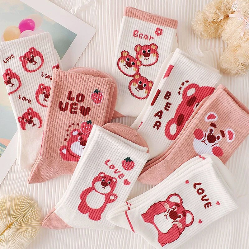 运动秋冬袜子女春季可爱中筒袜潮长袜卡通学生袜草莓长筒网红白色