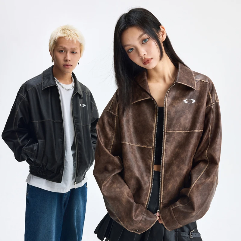 WaitingWave美式复古短款擦色做旧皮衣男女美拉德风pu夹克外套