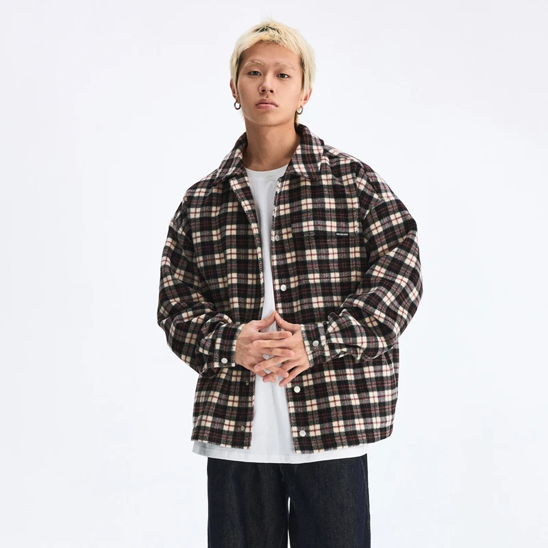 WaitingWave美式复古格子衬衫夹克单排扣休闲宽松外套男女同款