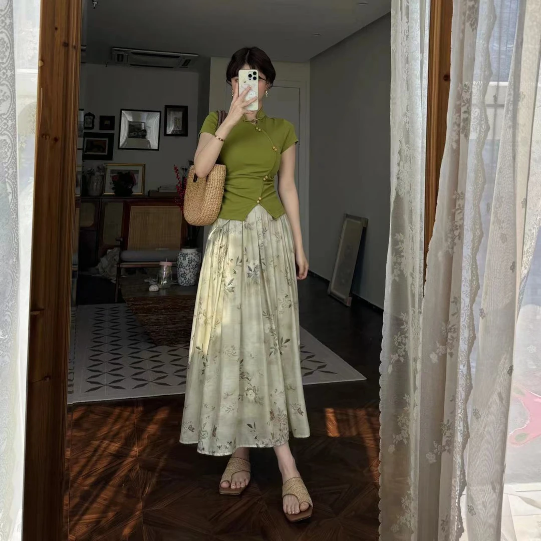 蕾英俊-清染-夏季新款新中式针织上衣+新款印花长款半裙-JF4558