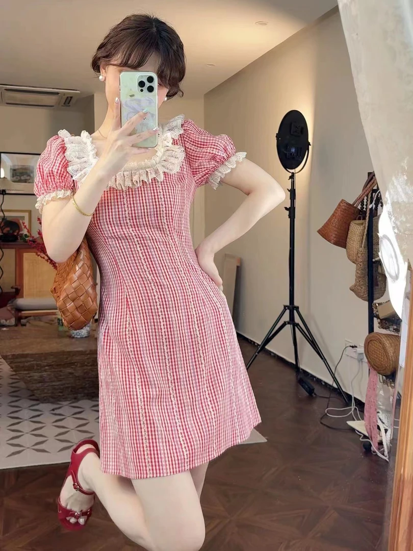 蕾英俊-珍妮日记-复古红色格子方领连衣裙小个子连衣裙-JF4950