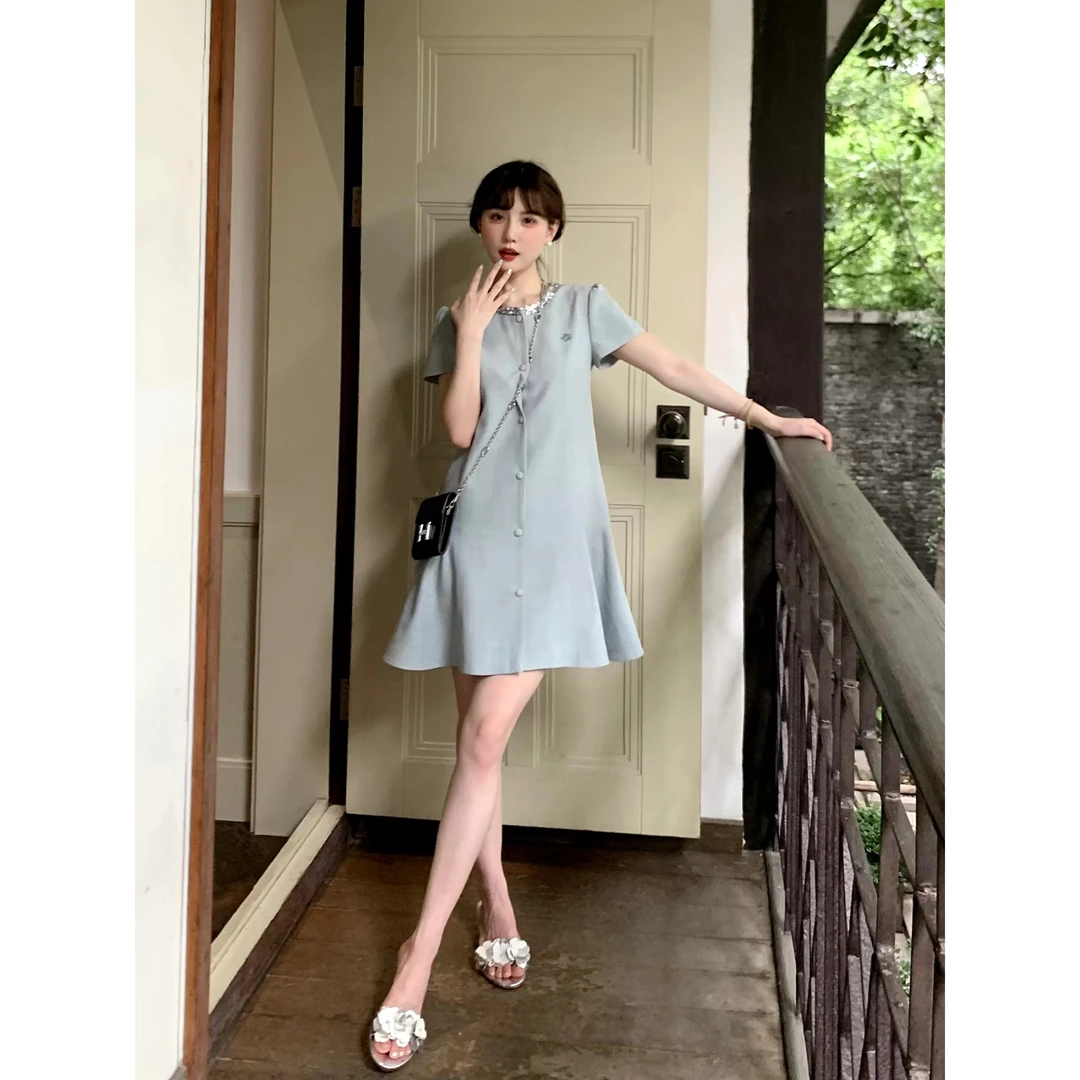 蕾英俊-玫瑰的故事-夏季新款珠片织带西装短袖连衣裙-JF5046