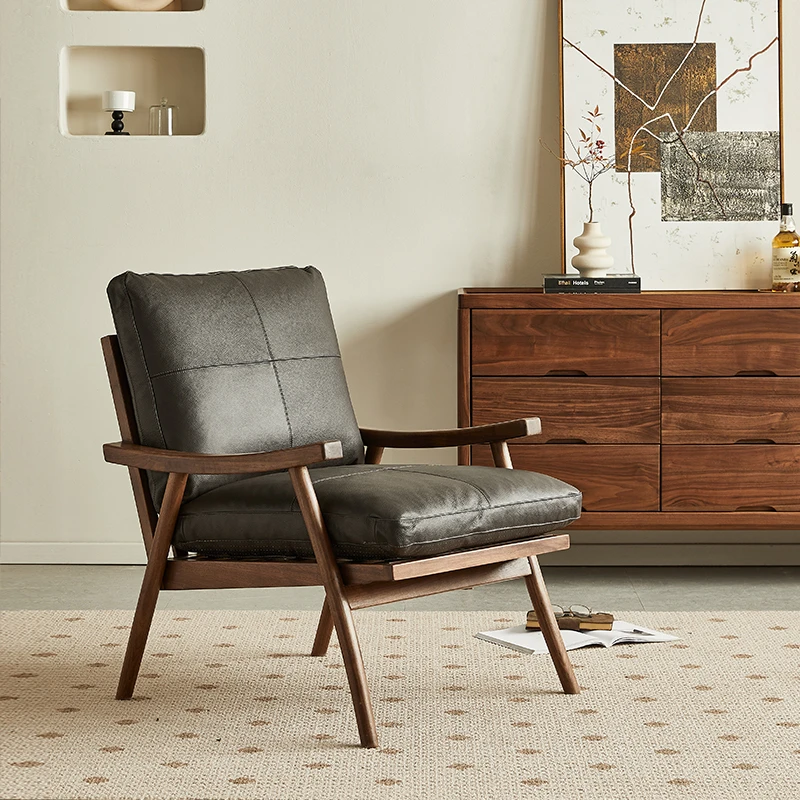 北美黑胡桃木休闲椅北欧简约实木单人沙发椅家用客厅真皮艺术单椅