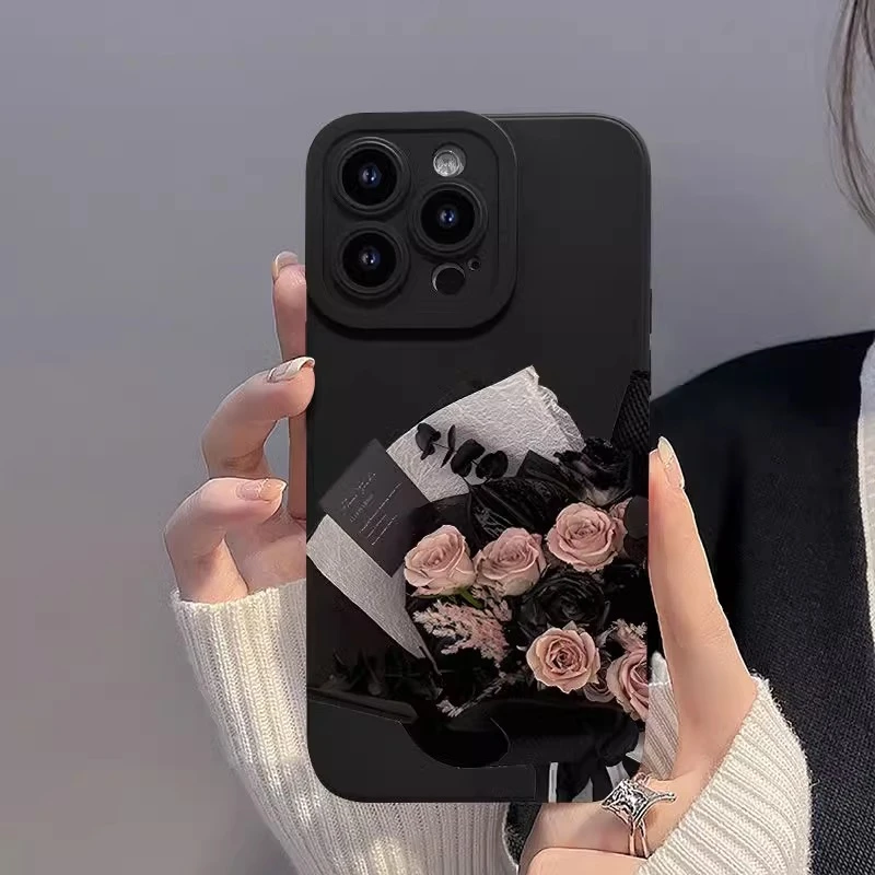 粉色玫瑰适用苹果17promax手机彩绘iphone16promax轻奢高级软硅胶