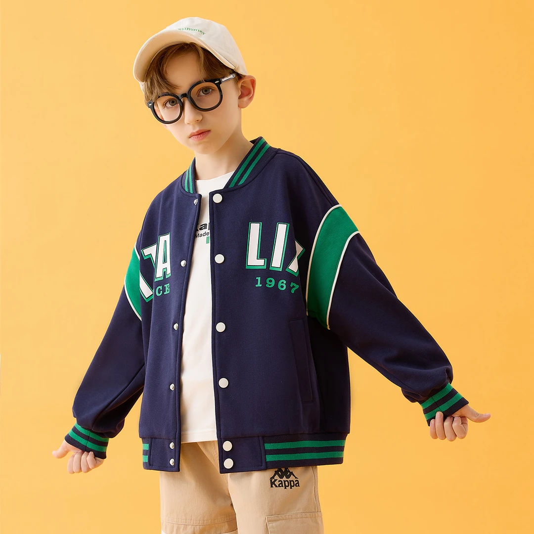 Kappa Kids2024儿童春季休闲时尚洋气拼中大童接棒球服外套拼接