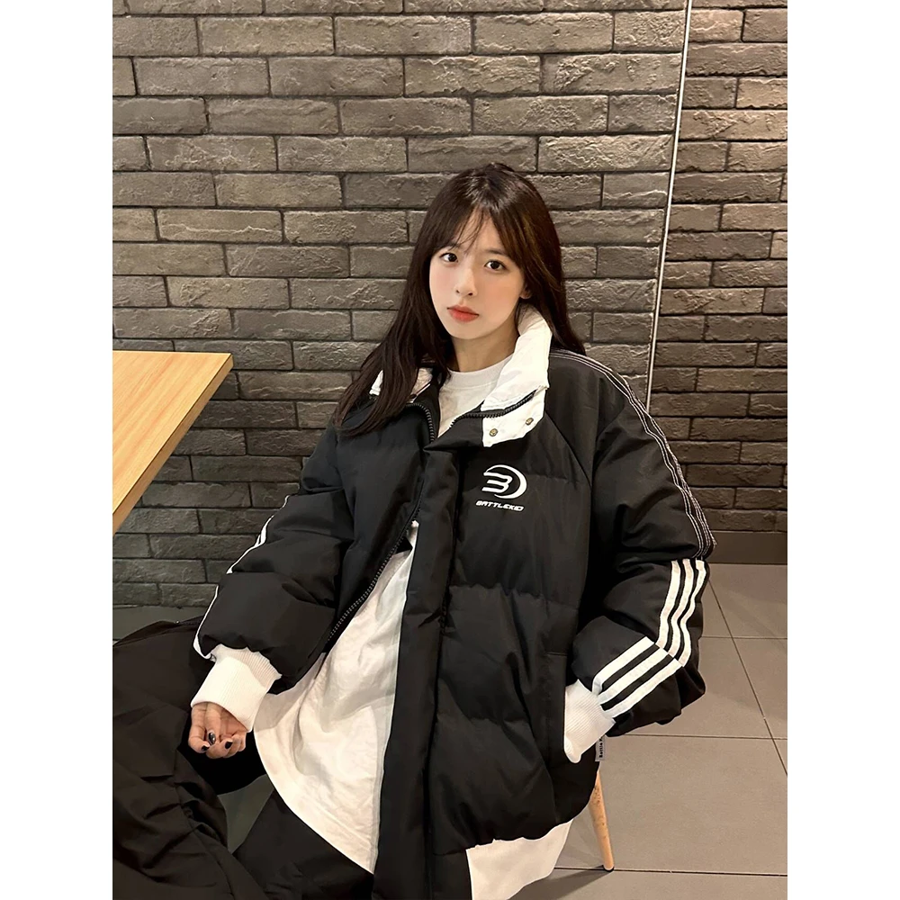 XKSHUO原创国潮牌织带棉服外套男女冬季情侣装高街复古条纹棉衣