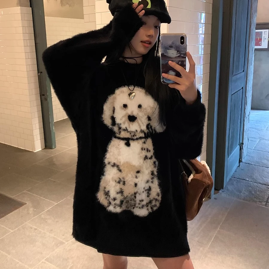 复古慵懒风豹纹保暖毛衣外套女秋冬软糯宽松休闲针织上衣