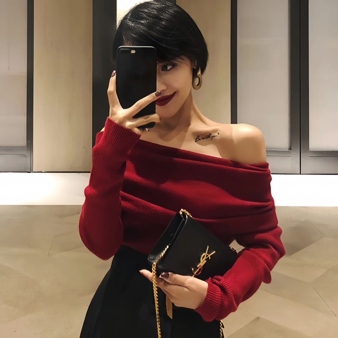 2025年春秋季法式复古性感一字领露肩软糯修身显瘦针织衫打底衫女